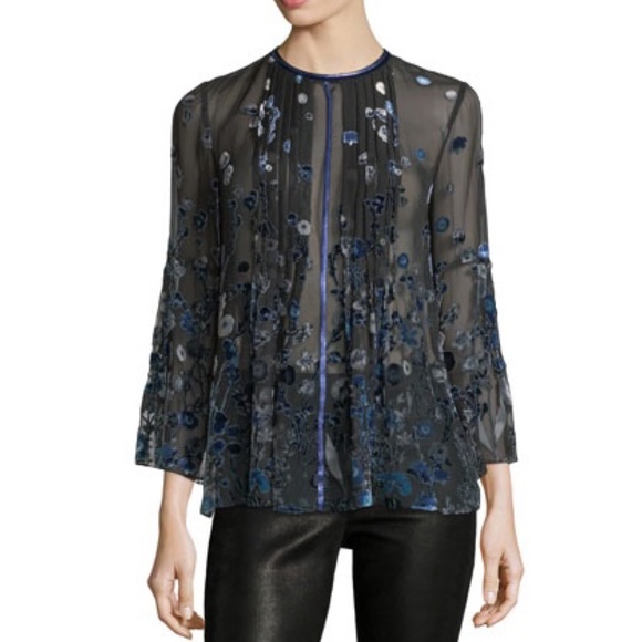 Elie Tahari Orion Silk & Leather Floral Bell Sleeve Top Sz XS - Picture 1 of 8